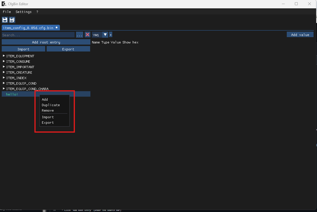 Screenshot of cfg.bin editor