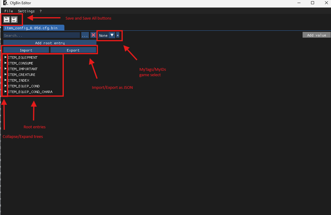 Screenshot of cfg.bin editor