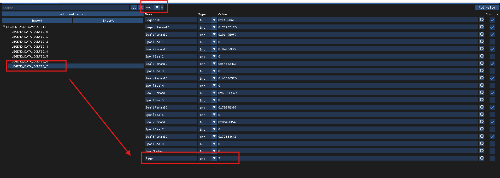 Annotated screenshot of legend_config open in CfgBin Editor